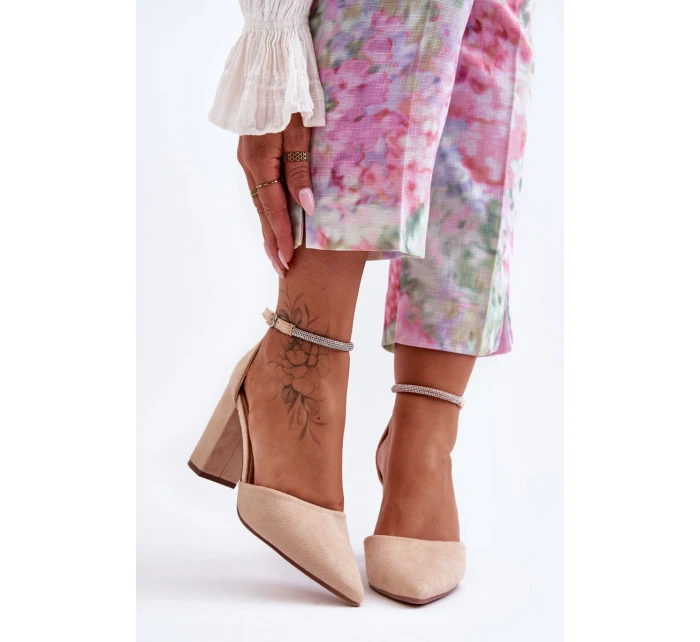 Zamszové Pumpy se Cyrkoniami Béžové Diamond