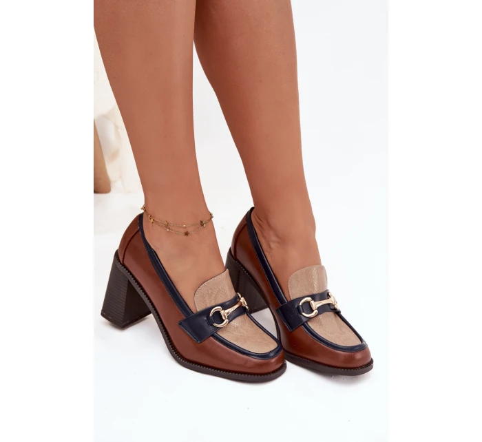 Dámské polobotky na sloupku s ražbou a zlatým detailem Novella – béžovo/hnědé Dámské polobotky na sloupku s ražbou a zlatým detailem Novella – béžovo/hnědé