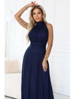 636-2 VERONICA luxusní dlouhé šaty s brokátovým akcentem a elegantním střihem - námořnická modř