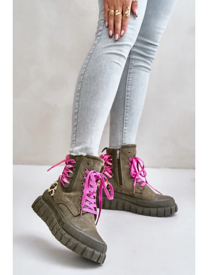 Dámské botky na platformě s ozdobným šněrováním leopardí zelené model 21673085 - EVENTO