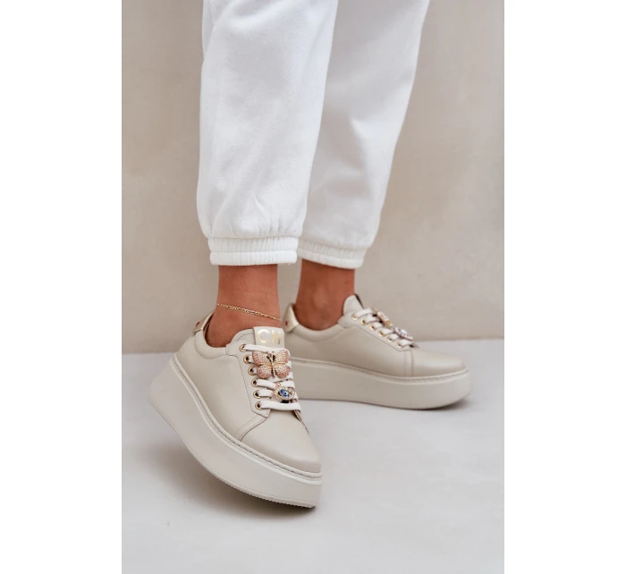 Dámské Kožené Tenisky Na Platformě S Ozdobami model 21683822 Světle Béžové - CheBello