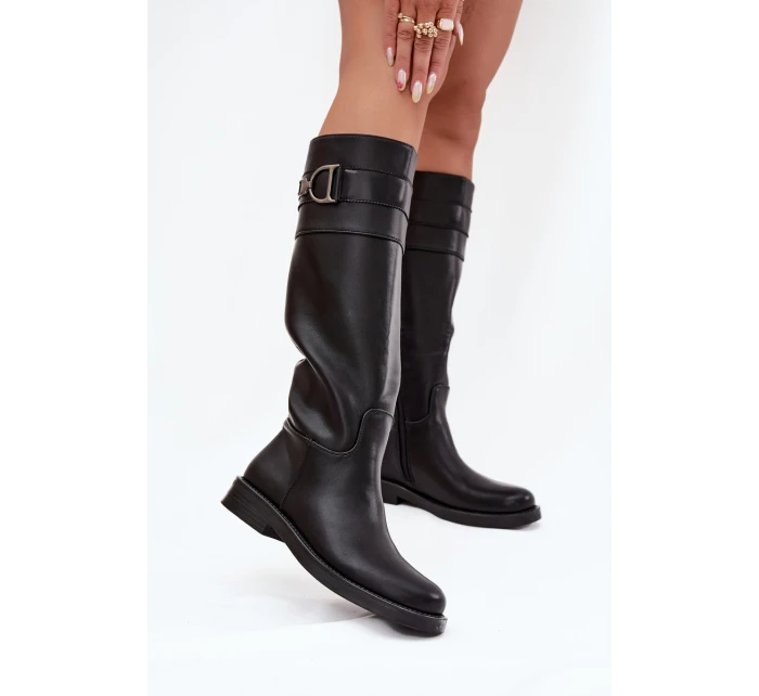 Dámské kozačky na nízkém podpatku s ozdobným detailem černé model 21707846 - Boto