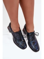 Kožené lakované dámské lodičky na podpatku s krystaly model 21710419 tmavě modré - Artiker