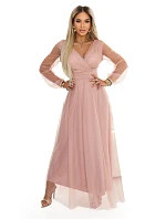 Dlouhé maxi šaty s rukávy a obálkovým výstřihem pudrově růžové model 22046066 - numoco basic