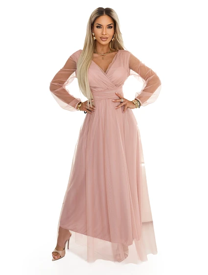 Dlouhé maxi šaty s rukávy a obálkovým výstřihem pudrově růžové model 22046066 - numoco basic