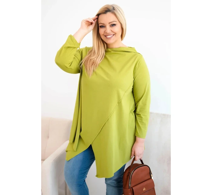 Dámská bavlněná blůza Plus Size asymetrická s ohrnutým rukávem olivová Dámská bavlněná blůza Plus Size asymetrická s ohrnutým rukávem olivová