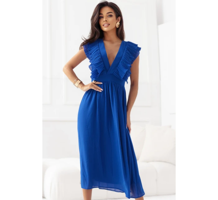 Midi šaty s volány a výstřihem chrpová barva model 21290271 - numoco Midi šaty s volány a výstřihem chrpová barva model 21290271 - numoco