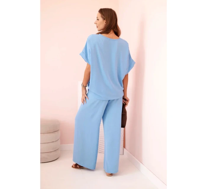Dámský komplet z viskózy s ozdobným květem a širokými kalhotami - modrý