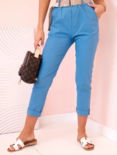 Dámské viskózové kalhoty s páskem a ohrnutými nohavicemi džínovina