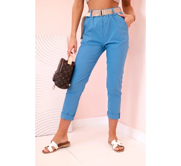 Dámské viskózové kalhoty s páskem a ohrnutými nohavicemi džínovina