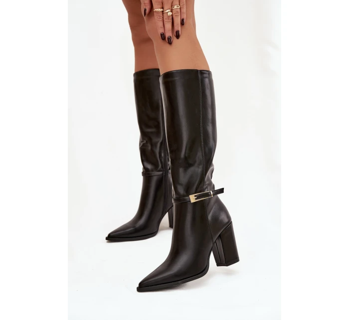 Dámské kozačky na podpatku s přezkou vyhřívané černé model 21747650 - Boto