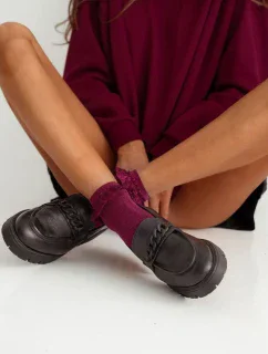 Skarpetki Damskie Bawełniane Z Koronką Bordowe