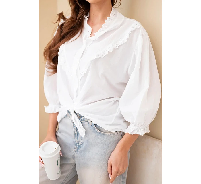 Dámská bavlněná košile s krajkou a vázáním bílá