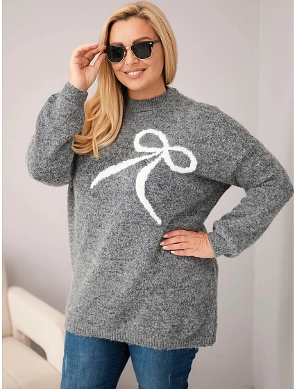 Dámský svetr Plus Size s přídavkem vlny s mašlí grafitový Dámský svetr Plus Size s přídavkem vlny s mašlí grafitový