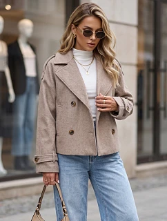 Krátký dámský dvouřadý kabát s výložkami, béžový, FashionStreet TY6015