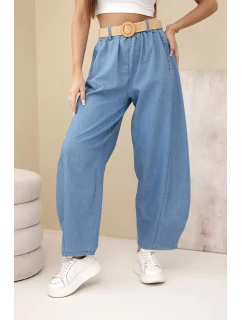 Dámské kalhoty se širokou nohavicí a páskem světle džínové