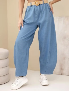 Dámské kalhoty se širokou nohavicí a páskem světle džínové
