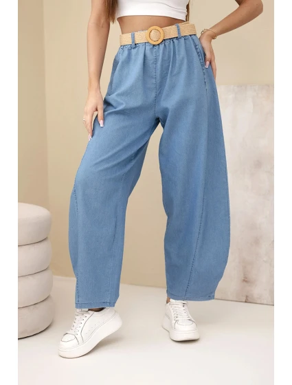 Dámské kalhoty se širokou nohavicí a páskem světle džínové Dámské kalhoty se širokou nohavicí a páskem světle džínové