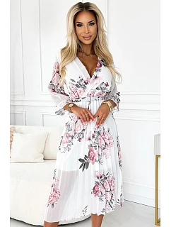 Dámské plisované midi šaty s výstřihem, opaskem a se vzorem růží na pozadí model 22121293 - numoco basic