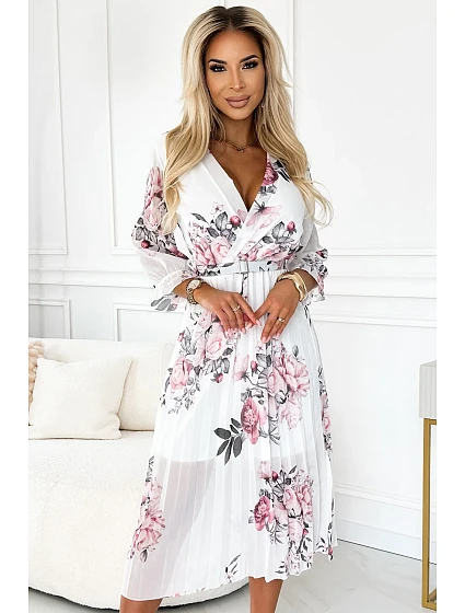 Dámské plisované midi šaty s výstřihem, opaskem a se vzorem růží na pozadí model 22121293 - numoco basic