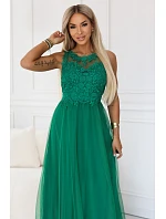 672-3 Romantické svatební maxi šaty s vyšívanou krajkou a tylem - zelené