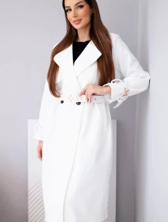 Dámský kabát s páskem a zlatými přezkami ecru