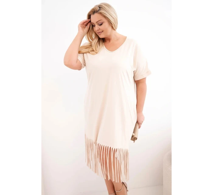 Dámské bavlněné šaty s výstřihem do V a třásněmi Plus size béžová