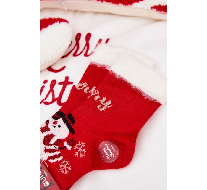 Dětské vánoční ponožky s kožíškem a sněhulákem z alpaka vlny – červené
