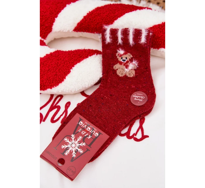 Dětské vánoční ponožky s medvídkem z alpaka vlny – červené