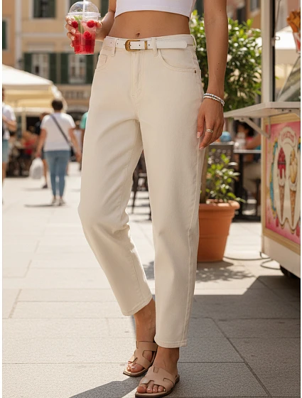 Dámské džínové kalhoty mom fit s páskem ecru FashionStreet UY2985