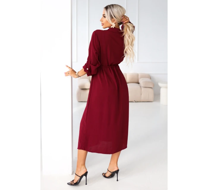 kostkované midi šaty s knoflíky a páskem vínové model 21921783 - numoco basic