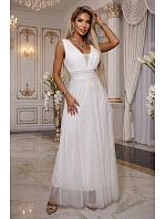 Dlouhé maxi šaty s a hlubokým výstřihem ecru barva model 22079727 - numoco basic Dlouhé maxi šaty s a hlubokým výstřihem ecru barva model 22079727 - numoco basic