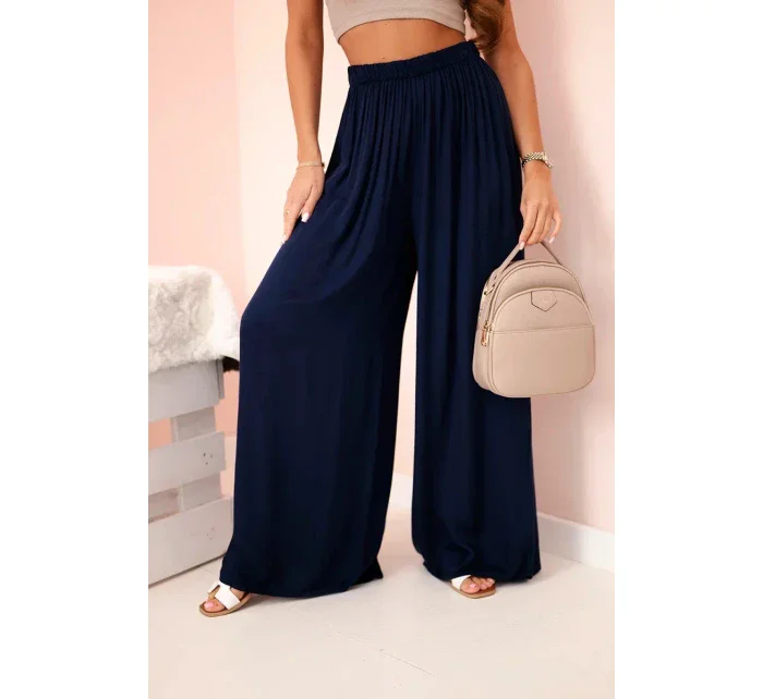 Široké dámské viskózové kalhoty s elastickým pasem tmavě modré Široké dámské viskózové kalhoty s elastickým pasem tmavě modré