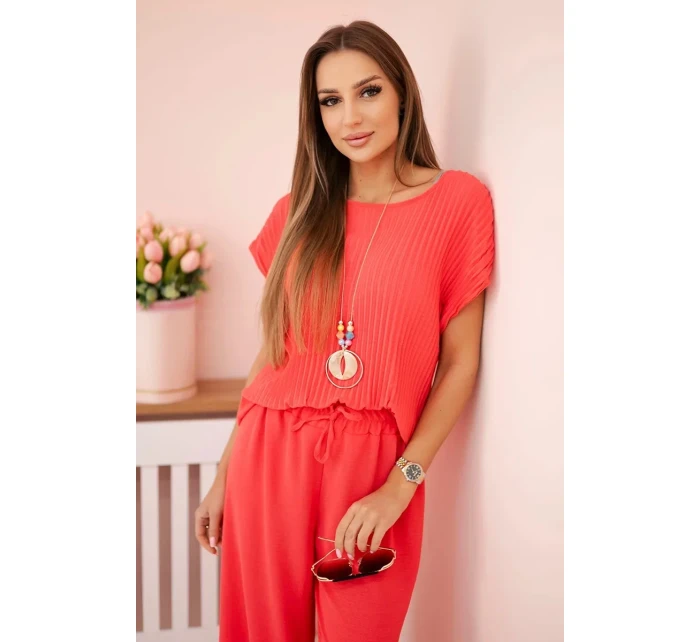 Viskózový komplet plisovaná halenka + kalhoty malina
