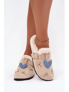 Dámské pantofle s ozdobami a sponou zateplené kožešinou béžové Thalora