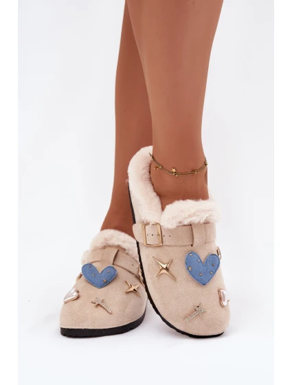 Dámské pantofle s ozdobami a sponou zateplené kožešinou béžové Thalora Dámské pantofle s ozdobami a sponou zateplené kožešinou béžové Thalora