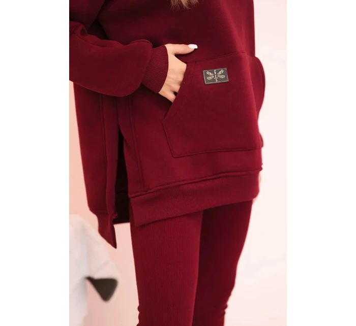 Dámská bavlněná souprava s kapucí a legíny s vysokým pasem bordový Dámská bavlněná souprava s kapucí a legíny s vysokým pasem bordový