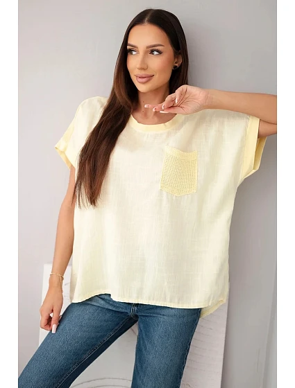 Dámská bavlněná oversized halenka s kapsou a síťkou žlutá Dámská bavlněná oversized halenka s kapsou a síťkou žlutá