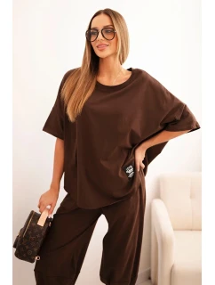 Komplet bavlněný tričko + kalhoty hnědý