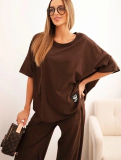 Komplet bavlněný tričko + kalhoty hnědý