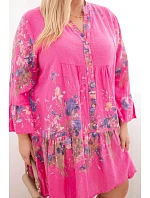 Dámské bavlněné šaty Plus Size s výstřihem do V a knoflíky květinový vzor fuchsiová