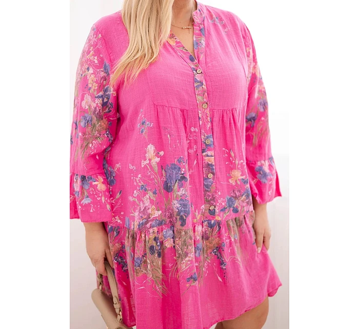 Dámské bavlněné šaty Plus Size s výstřihem do V a knoflíky květinový vzor fuchsiová
