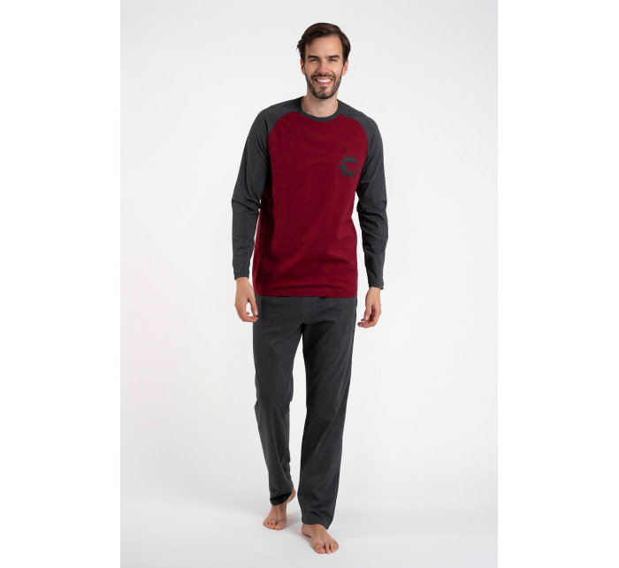 Pánské pyžamo Morten, dlouhý rukáv, dlouhé kalhoty - vínová/tmavá melanž