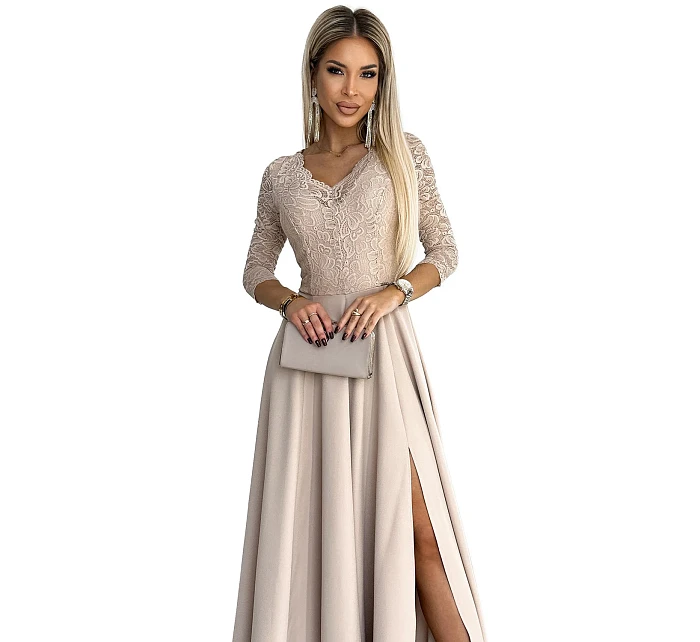 Dámské krajkové šaty model 22084615 AMBER béžové - numoco Dámské krajkové šaty model 22084615 AMBER béžové - numoco