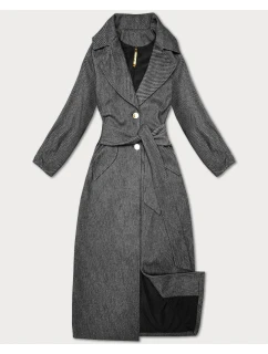 Černý pruhovaný dlouhý dámský kabát s páskem S'West (B8542-1)