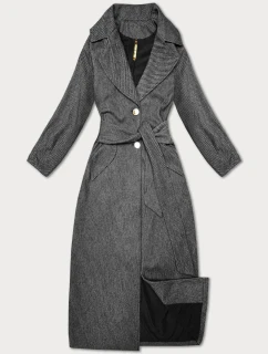 Černý pruhovaný dlouhý dámský kabát s páskem S'West (B8542-1)