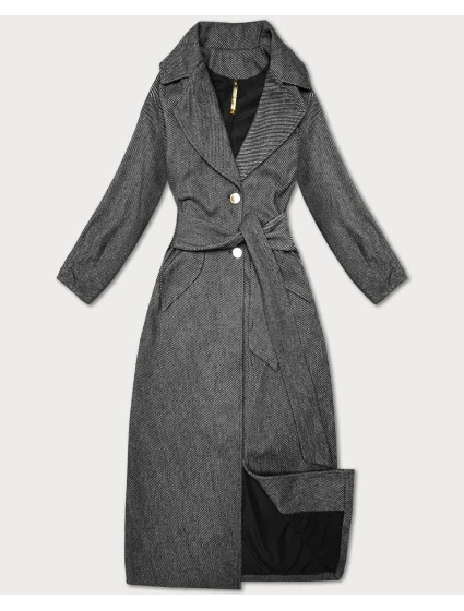 Černý pruhovaný dlouhý dámský kabát s páskem S'West (B8542-1)