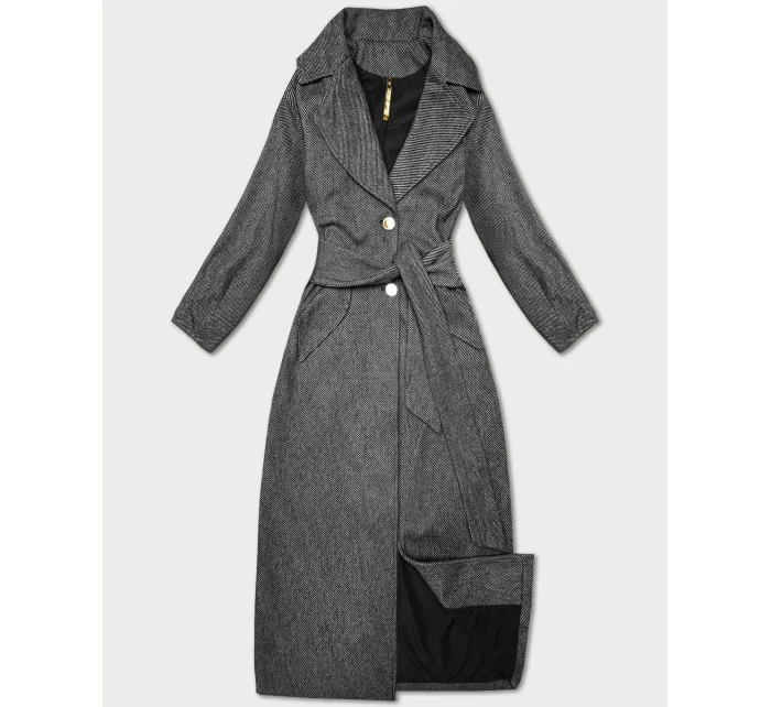 Černý pruhovaný dlouhý dámský kabát s páskem S'West (B8542-1)