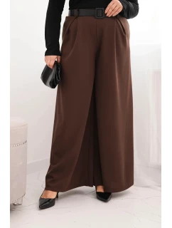 Dámské kalhoty Plus Size s širokou nohavicí a páskem hnědé