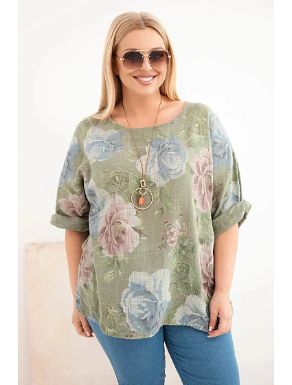 Dámská bavlněná halenka Plus Size s krátkým rukávem a květinovým vzorem khaki Dámská bavlněná halenka Plus Size s krátkým rukávem a květinovým vzorem khaki